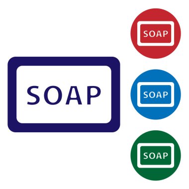 Beyaz arka planda izole edilmiş köpük simgesi olan mavi sabun çubuğu. Köpüklü sabun çubuğu. Renkli kare düğmelerle simgeleri ayarla. Vektör İllüstrasyonu