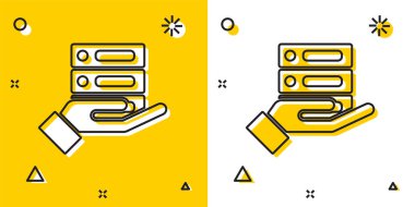 Black Server, Data, Web sunucu simgesi sarı ve beyaz arkaplanda izole edildi. Rastgele dinamik şekiller. Vektör İllüstrasyonu