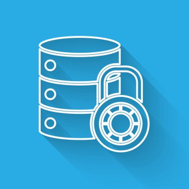 Kapalı asma kilit simgesine sahip beyaz çizgi sunucusu güvenliği uzun gölgeli izole edildi. Güvenlik, güvenlik, koruma kavramı. Vektör İllüstrasyonu