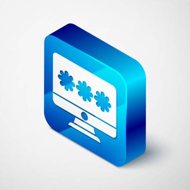Gri arkaplanda izole edilmiş parola bildirim simgesine sahip Isometric Monitor. Güvenlik, kişisel erişim, kullanıcı yetkisi, giriş formu. Mavi kare düğme. Vektör İllüstrasyonu