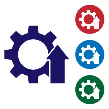 Mavi Ok büyüme vitesi iş simgesi beyaz arka planda izole edildi. Üretkenlik simgesi. Renkli kare düğmelerle simgeleri ayarla. Vektör İllüstrasyonu