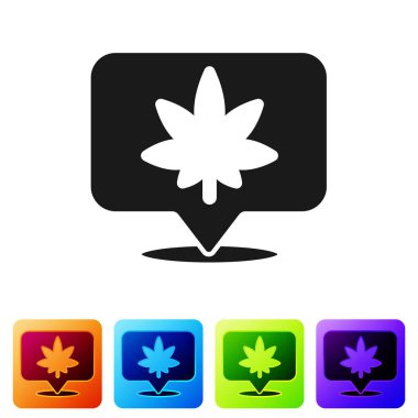 Beyaz arka planda siyah harita işaretleyici ve marihuana veya kenevir yaprağı ikonu var. Kenevir sembolü. Renkli kare düğmelerle simgeleri ayarla. Vektör İllüstrasyonu