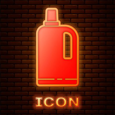 Parlayan neon kumaş yumuşatıcı simgesi tuğla duvar arka planında izole edilmiş. Sıvı çamaşır deterjanı, saç kremi, temizlik maddesi, çamaşır suyu. Vektör İllüstrasyonu