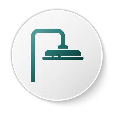 Beyaz zemin üzerinde su damlaları akan ikon olan yeşil duş başlığı izole edildi. Beyaz daire düğmesi. Vektör İllüstrasyonu