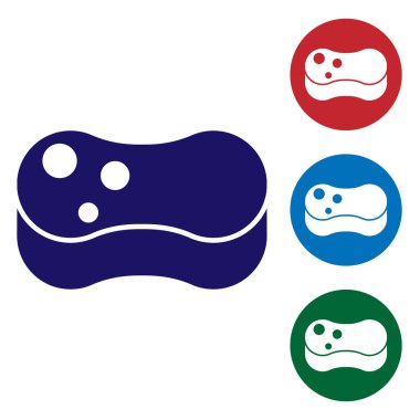 Mavi Sünger simgesi beyaz arkaplanda izole edildi. Bulaşık yıkamak için bir tutam Bast. Temizlik hizmeti konsepti. Renkli kare düğmelerle simgeleri ayarla. Vektör İllüstrasyonu