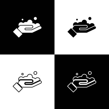 Siyah beyaz arka planda sabun simgesiyle ellerini yıka. Virüs ve bakterileri önlemek için ellerini sabunla yıkıyorsun. Vektör İllüstrasyonu