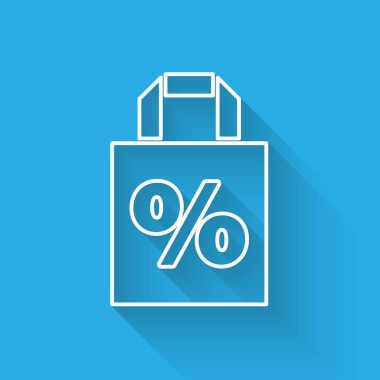 Üzerinde% 100 indirim simgesi bulunan uzun gölgeli beyaz çizgili Shoping torbası. El çantası işareti. Vektör İllüstrasyonu