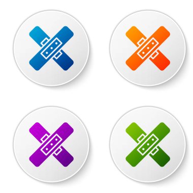 Renkli çapraz bandaj alçı simgesi beyaz arkaplanda izole edildi. Tıbbi alçı, yapıştırıcı bandaj, esnek kumaş bandajı. Simgeleri daire düğmelerine ayır. Vektör İllüstrasyonu