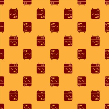 Kardiyogram simgesine sahip kırmızı bilgisayar monitörü kahverengi arkaplanda pürüzsüz desen izole etti. Simge denetleniyor. Kalp atışı elle çizilmiş EKG monitörü. Vektör İllüstrasyonu