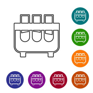 Siyah çizgi test tüpü ve beyaz arka planda izole edilmiş kimyasal test ikonu. Laboratuvar cam levhası. Simgeleri renk daire düğmelerine ayarla. Vektör İllüstrasyonu