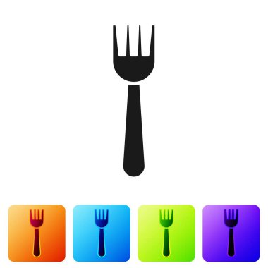 Siyah tek kullanımlık plastik çatal simgesi beyaz arkaplanda izole edilmiş. Renkli kare düğmelerle simgeleri ayarla. Vektör İllüstrasyonu