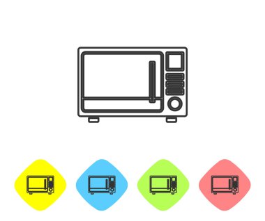 Beyaz arka planda gri çizgi mikrodalga fırın ikonu izole edildi. Ev aletleri simgesi. Renkli eşkenar dörtgen düğmelerine simgeleri yerleştir. Vektör İllüstrasyonu