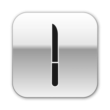 Siyah Bıçak simgesi beyaz arka planda yalıtılmış. Çatal bıçak takımı sembolü. Gümüş kare düğme. Vektör İllüstrasyonu