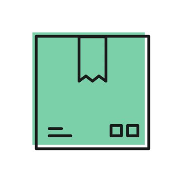 Beyaz zemin üzerinde trafik sembolü simgesi olan siyah çizgi karton kutu. Kutu, paket, paket. Teslimat, ulaşım ve nakliye. Vektör İllüstrasyonu