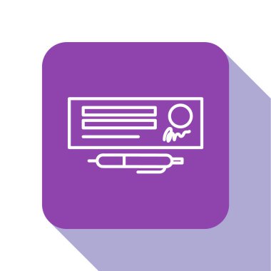 Banka kontrolünün beyaz çizgi boş şablonu ve beyaz arkaplanda izole edilmiş kalem simgesi. Doldurulacak boş alanlarla birlikte kontrol defteri çek sayfası. Mor kare düğme. Vektör İllüstrasyonu