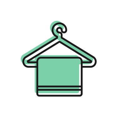 Beyaz arka planda izole edilmiş bir askı simgesinde siyah çizgi havlusu. Banyo havlusu ikonu. Vektör İllüstrasyonu