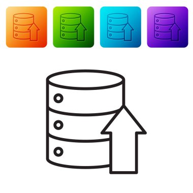 Siyah çizgi sunucusu, Data, Web sunucu simgesi beyaz arkaplanda izole edildi. Renkli kare düğmelerle simgeleri ayarla. Vektör İllüstrasyonu