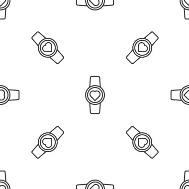 Gri çizgi akıllı saat kalp atış hızı simgesini gösteriyor beyaz arka planda izole edilmiş kusursuz desen. Fitness uygulaması konsepti. Vektör İllüstrasyonu