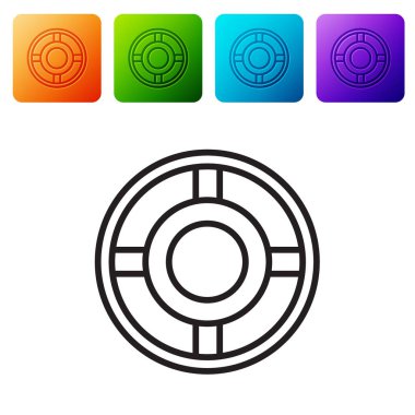 Beyaz arkaplanda siyah çizgi kül tablası simgesi izole edildi. Renkli kare düğmelerle simgeleri ayarla. Vektör İllüstrasyonu