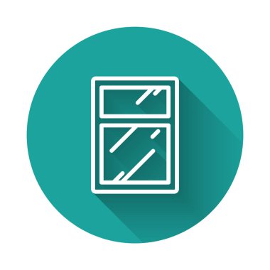 Pencereler için beyaz çizgi temizleme servisi uzun gölgeli izole edilmiş. Silecek, kazıyıcı, silecek. Yeşil daire düğmesi. Vektör İllüstrasyonu