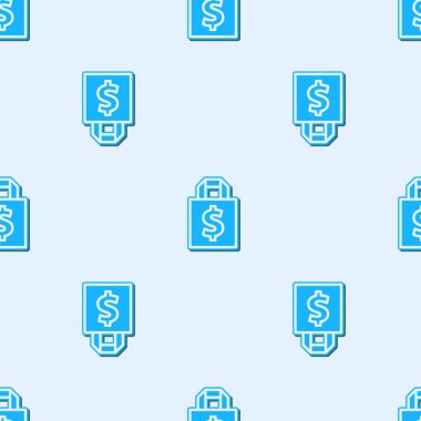 Mavi çizgi Shoping çantası ve dolar sembolü gri arka planda izole edilmiş pürüzsüz desen. El çantası işareti. Kadın çanta ikonu. Kadın el çantası işareti. Vektör İllüstrasyonu