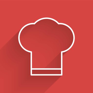 Beyaz çizgi Chef şapka simgesi uzun gölge ile izole. Pişirme sembolü. Aşçı şapkası. Vektör İllüstrasyonu