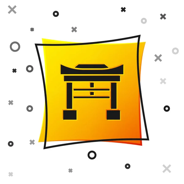 白を基調とした黒日本ゲートのアイコン 鳥居の看板 日本の伝統的な門のシンボル 黄色い四角形のボタン ベクターイラスト — ストックベクタ