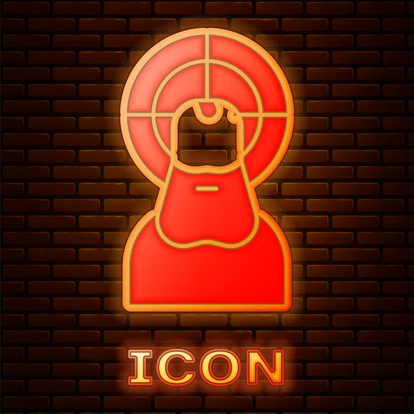 Brilhando Neon Ícone Jesus Cristo Isolado Fundo Parede Tijolo Ilustração — Vetor de Stock