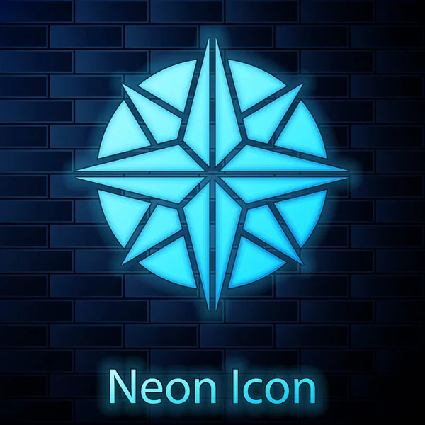Leuchtende Neon Wind Rose Symbol Isoliert Auf Backsteinwand Hintergrund Kompass — Stockvektor
