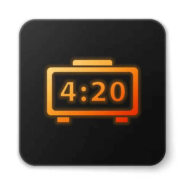 オレンジ色の輝くネオン白い背景に隔離されたデジタル目覚まし時計アイコン 電子時計の目覚まし時計 タイムアイコン 黒の四角形のボタン ベクターイラスト — ストックベクタ