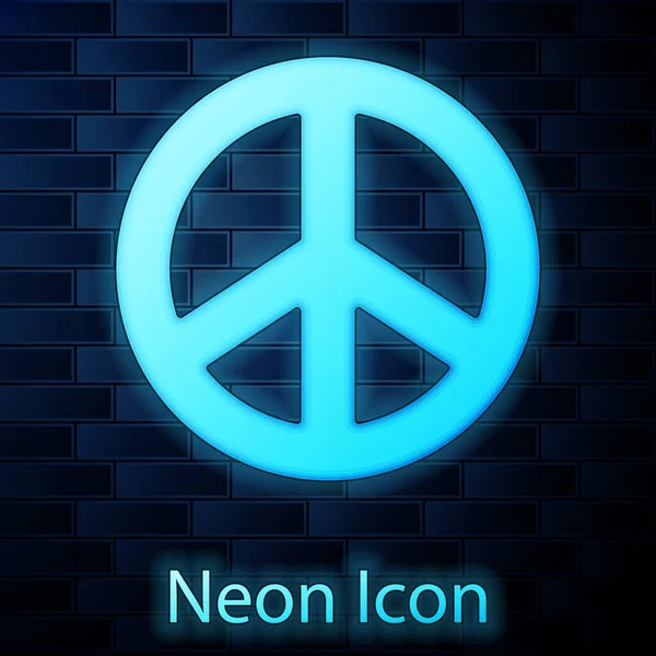 Zářící Neon Mír Ikona Izolované Cihlové Zdi Pozadí Hippie Symbol — Stockový vektor
