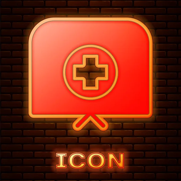 Glowing Neon Nurse Hat Cross Icon Isolated Brick Wall Background — Stock Vector