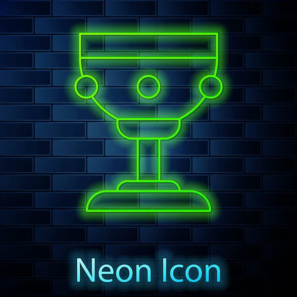 Zářící Neonová Linie Křesťanský Kalich Ikona Izolované Cihlové Zdi Pozadí — Stockový vektor