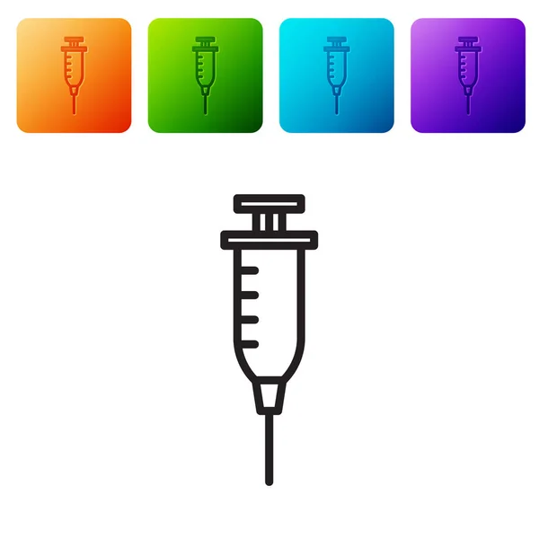 黑线注射器图标隔离在白色背景 疫苗注射器 注射器 流感疫苗 医疗设备 在彩色正方形按钮中设置图标 病媒图解 — 图库矢量图片