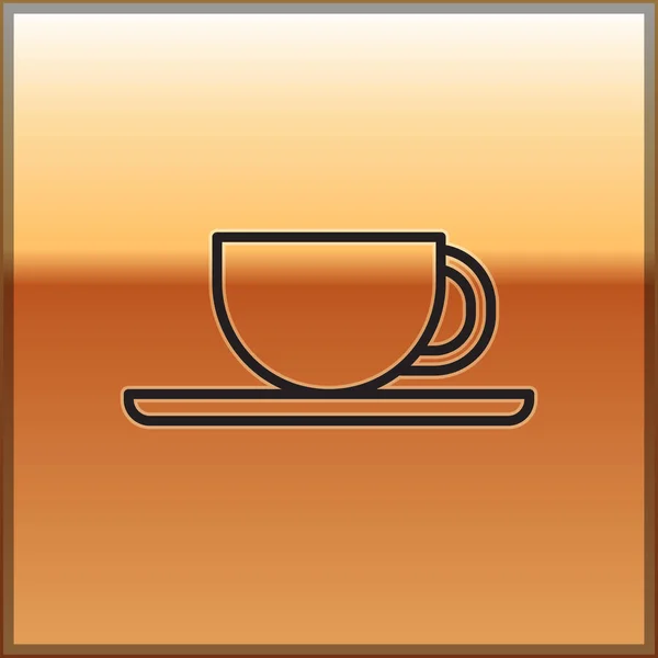 Schwarze Linie Kaffeetasse Symbol Isoliert Auf Goldenem Hintergrund Teetasse Vorhanden — Stockvektor