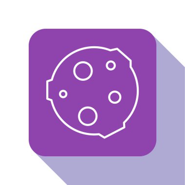 Beyaz çizgi Ay simgesi beyaz arkaplanda izole edildi. Mor kare düğme. Vektör İllüstrasyonu