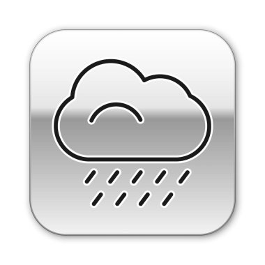 Beyaz zemin üzerinde yağmur ikonu olan siyah çizgi bulutu. Yağmur damlaları ile yağmur bulutu yağışı. Gümüş kare düğme. Vektör İllüstrasyonu