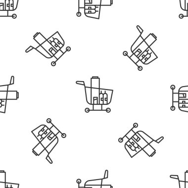 Gri çizgili alışveriş arabası ve yiyecek ikonu beyaz arka planda izole edilmiş kusursuz desen. Yiyecek dükkanı, süpermarket. Vektör İllüstrasyonu