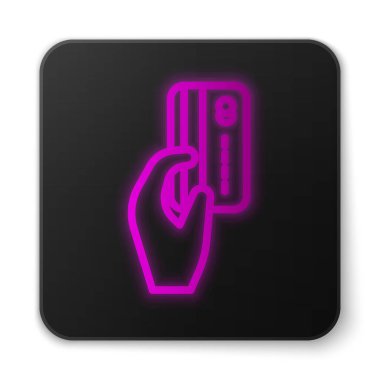 Beyaz arka planda izole edilmiş kredi kartı ikonu olan parlayan neon hattı insan eli. Çevrimiçi ödeme. Kartla öde. Finansal operasyonlar. Siyah kare düğme. Vektör İllüstrasyonu