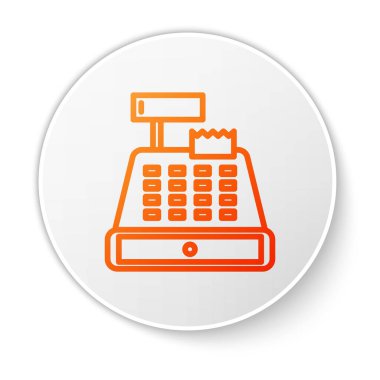 Beyaz arka planda izole edilmiş bir çek simgesi olan turuncu çizgili yazar kasa makinesi. Kasiyer tabelası. Tabut sembolü. Beyaz daire düğmesi. Vektör İllüstrasyonu