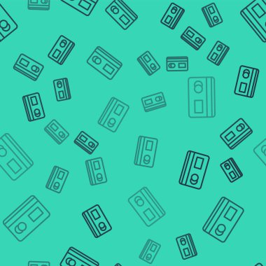 Siyah çizgi kredi kartı simgesi yeşil arkaplanda kusursuz desen izole etti. Çevrimiçi ödeme. Nakit çekilmesi. Finansal operasyonlar. Alışveriş tabelası. Vektör İllüstrasyonu