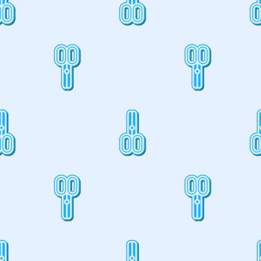 Mavi çizgi makas kuaför simgesi gri arkaplanda izole edilmiş kusursuz desen. Kuaför, moda salonu ve berber tabelası. Berber dükkanı sembolü. Vektör İllüstrasyonu