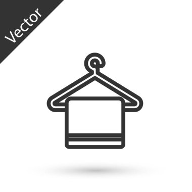 Beyaz arka planda izole edilmiş bir askı ikonu üzerindeki gri çizgi havlusu. Banyo havlusu ikonu. Vektör İllüstrasyonu