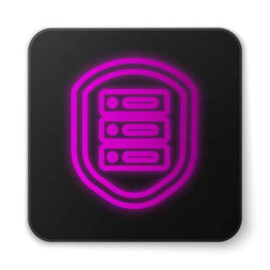 Beyaz arkaplanda izole edilmiş kalkan simgesi ile parlayan neon hattı sunucusu. Saldırılara karşı koruma. Ağ güvenlik duvarı, yönlendirici, anahtar, veri. Siyah kare düğme. Vektör İllüstrasyonu