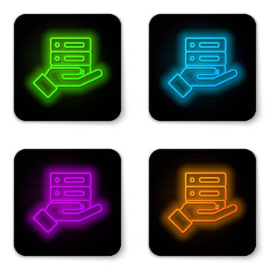 Parlayan neon hattı Sunucu, Data, Web sunucu simgesi beyaz arkaplanda izole edildi. Siyah kare düğme. Vektör İllüstrasyonu