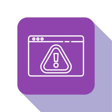 Beyaz çizgi Tarayıcı beyaz zemin üzerinde ünlem işareti simgesi izole edilmiş. Uyarı mesajı akıllı telefon uyarısı. Mor kare düğme. Vektör İllüstrasyonu