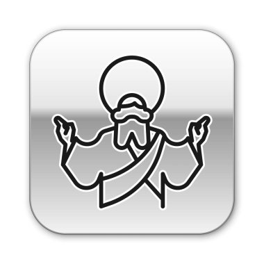 Beyaz arka planda izole edilmiş siyah çizgi İsa ikonu. Gümüş kare düğme. Vektör İllüstrasyonu