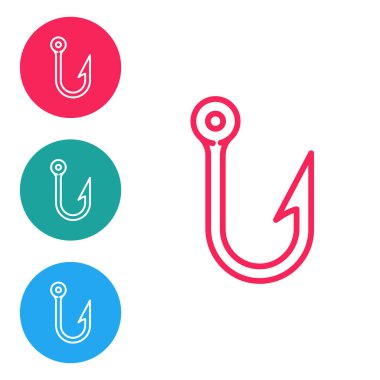 Kırmızı çizgili olta kancası simgesi beyaz arkaplanda izole edildi. Balık oltası. Simgeleri daire düğmelerine ayır. Vektör İllüstrasyonu