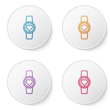 Renk çizgisi Beyaz zemin üzerinde kalp atış hızı simgesini gösteren akıllı saat. Fitness uygulaması konsepti. Simgeleri daire düğmelerine ayır. Vektör İllüstrasyonu