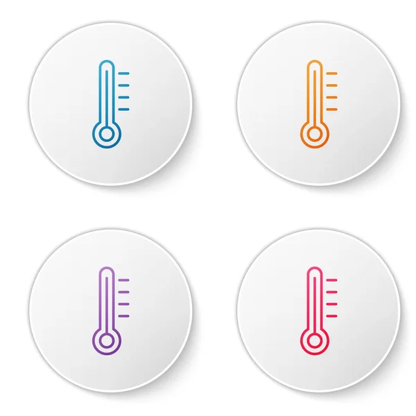 色谱线气象温度计测量图标隔离在白色背景 显示炎热或寒冷天气的温度计设备 在圆形按钮中设置图标 病媒图解 — 图库矢量图片